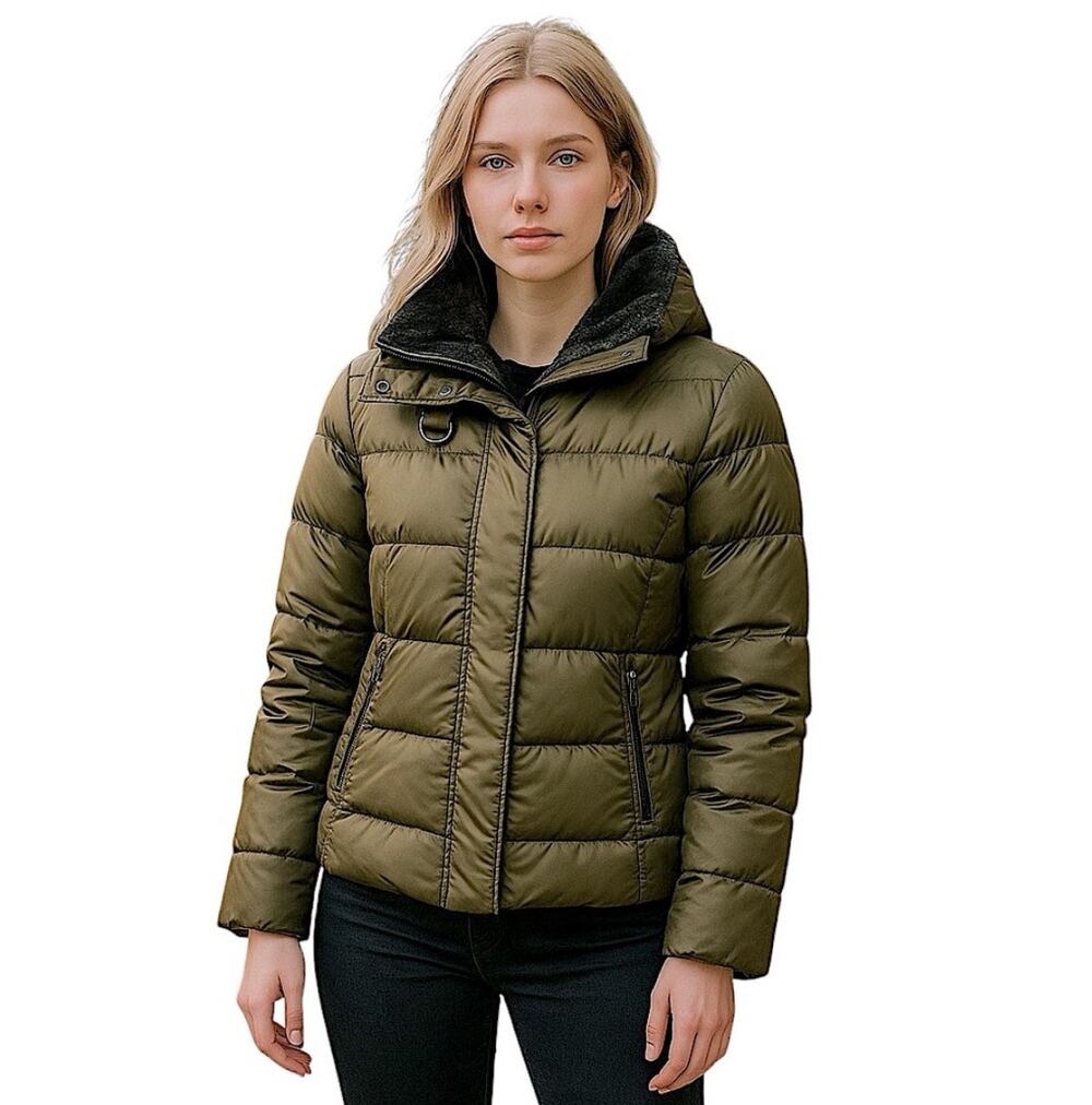 Eddie Bauer 700 Power Fill Goose Down Jacket Olive Green Real Fur Collar XS